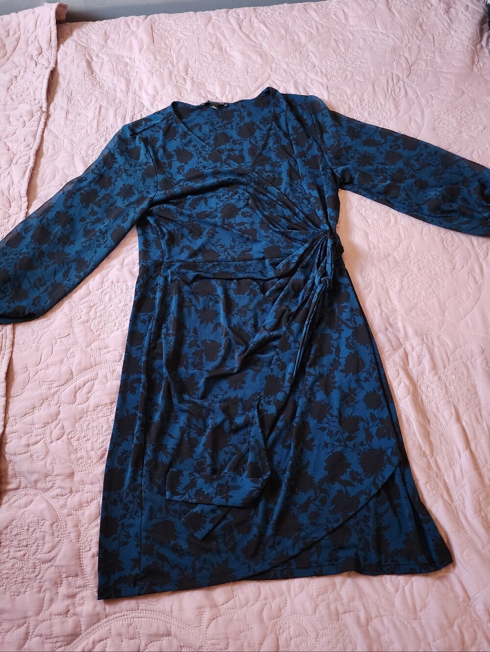 INC International Concepts Teal and Black Floral Wrap Dress